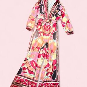 Retro Groovy Colorful Abstract Psychedelic Collared Jumpsuit Womens L Wacky Bold
